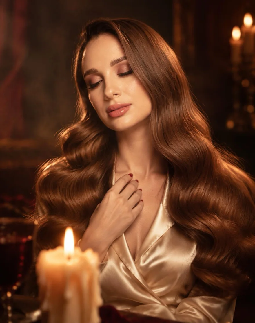 Катерина Карім біля свічки, очі заплющені